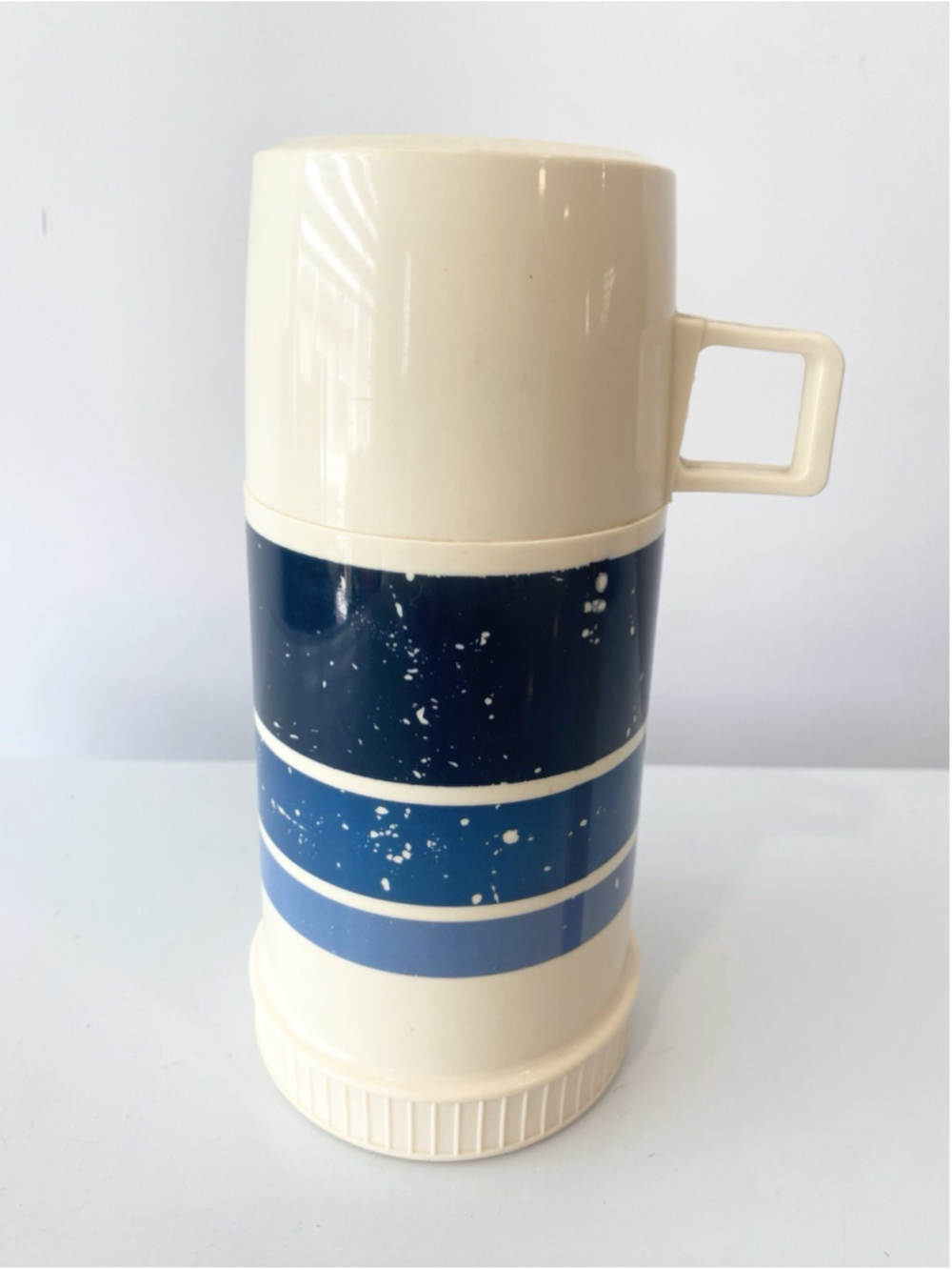 Vintage Thermos Model 2821 Blue Stripe Vacuum Bottle w Cup Made in Canada